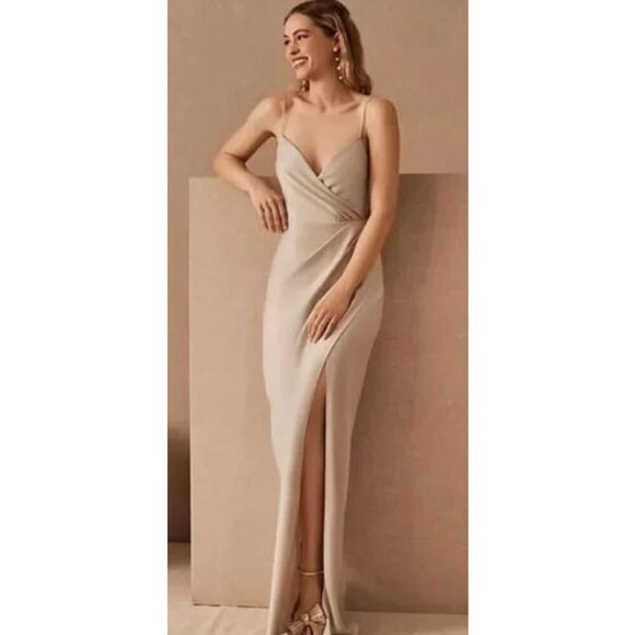 Sachin & Babi Freya Dress Women's 4 Champagne Satin V-Neck Sleeveless Maxi Gown - Picture 13 of 14